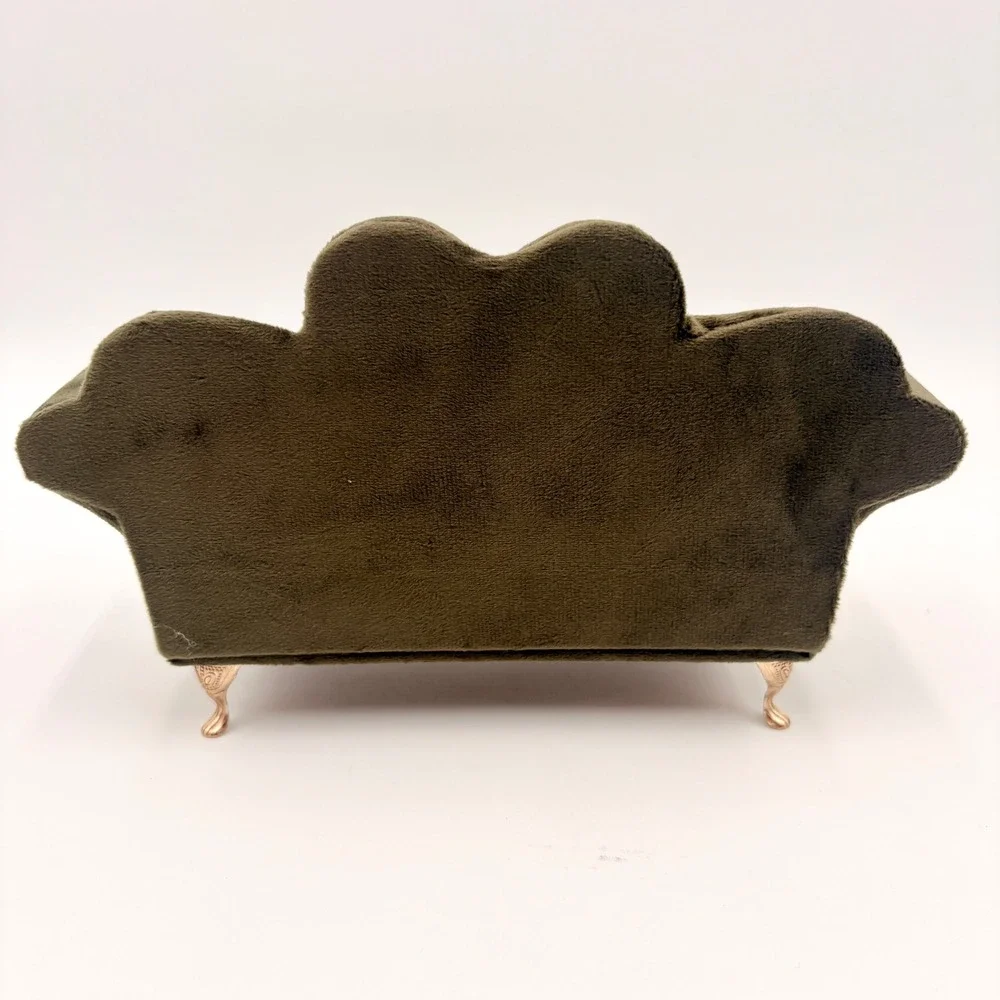 Miniature Sofa Jewelry Box Olive Green Velvet Heart Back Rose Gold Legs Mirror